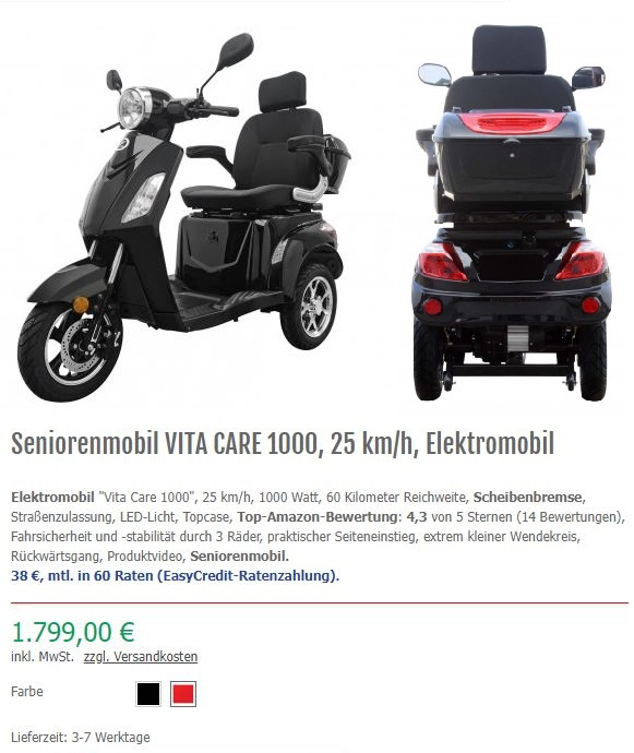 Seniorenmobil VITA CARE 1000, 25 km/h, Elektromobil Farben: schwarz/rot